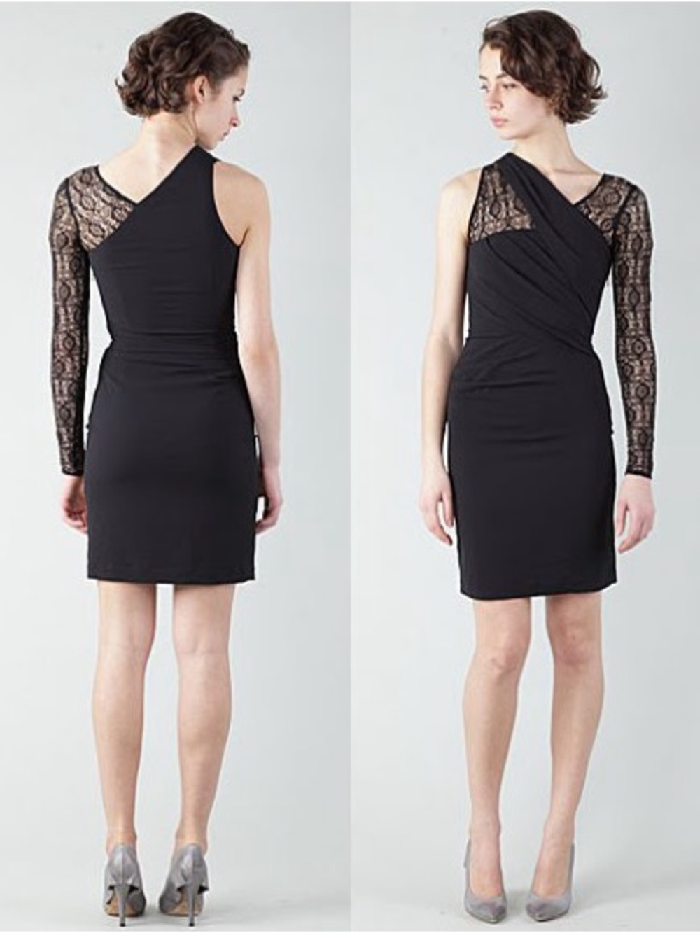 HELMUT LANG BLACK SHEER LACE SINGLE LONG SLEEVE RUCHED GATHERED MINI DRESS - Picture 10 of 14